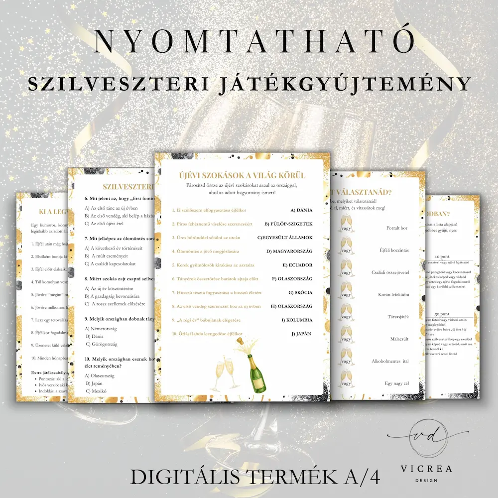 Vicrea Design szilveszteri nyomtatható játékgyűjtemény