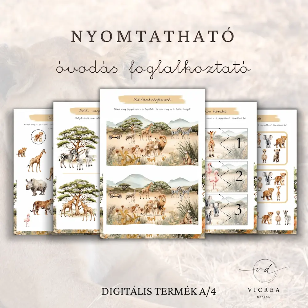 Vicrea Design Szafari Állatok nyomtatható foglalkoztató