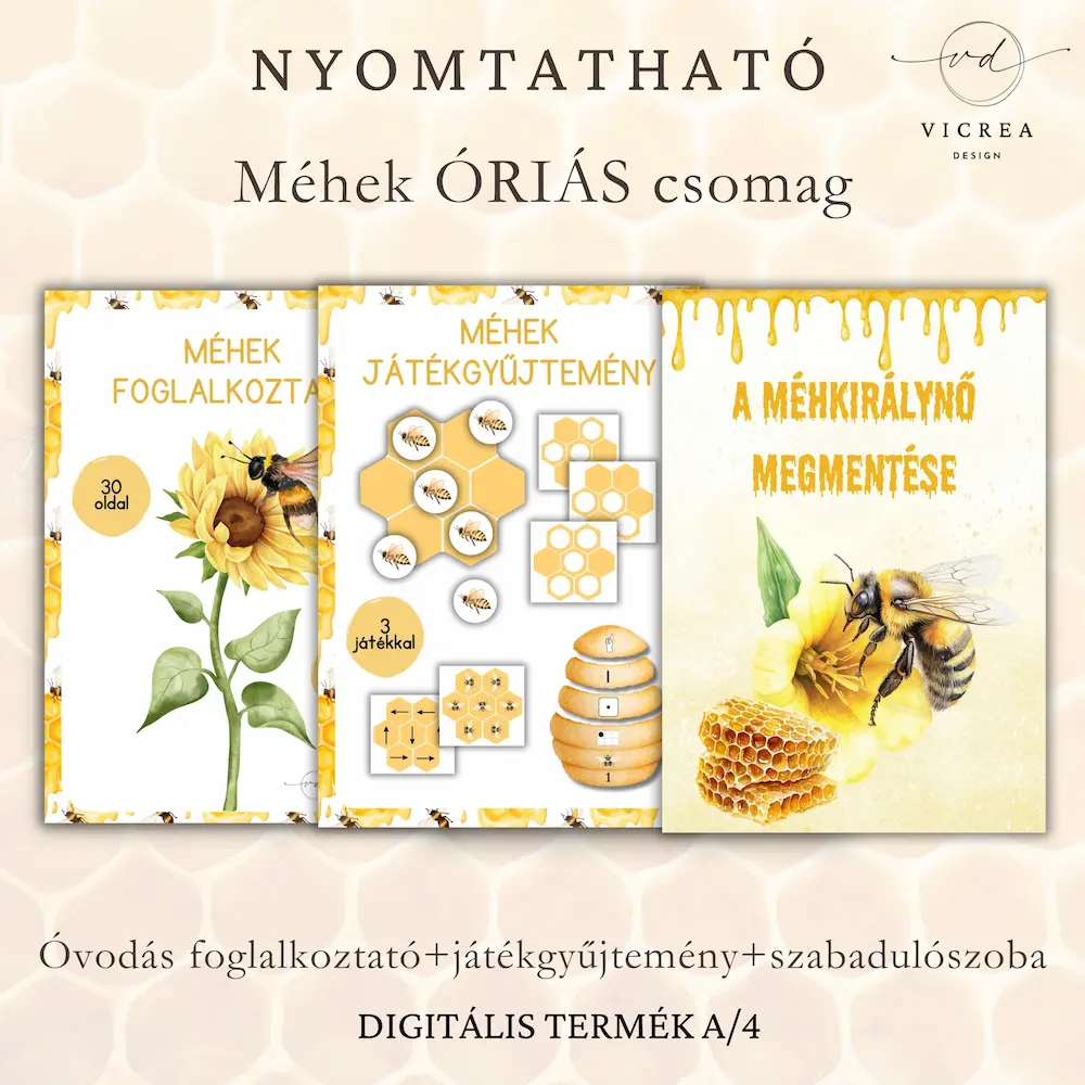 Vicrea Design Méhek Óriás csomag, nyomtatható foglalkoztató, játékgyájtemény és szabadulószoba