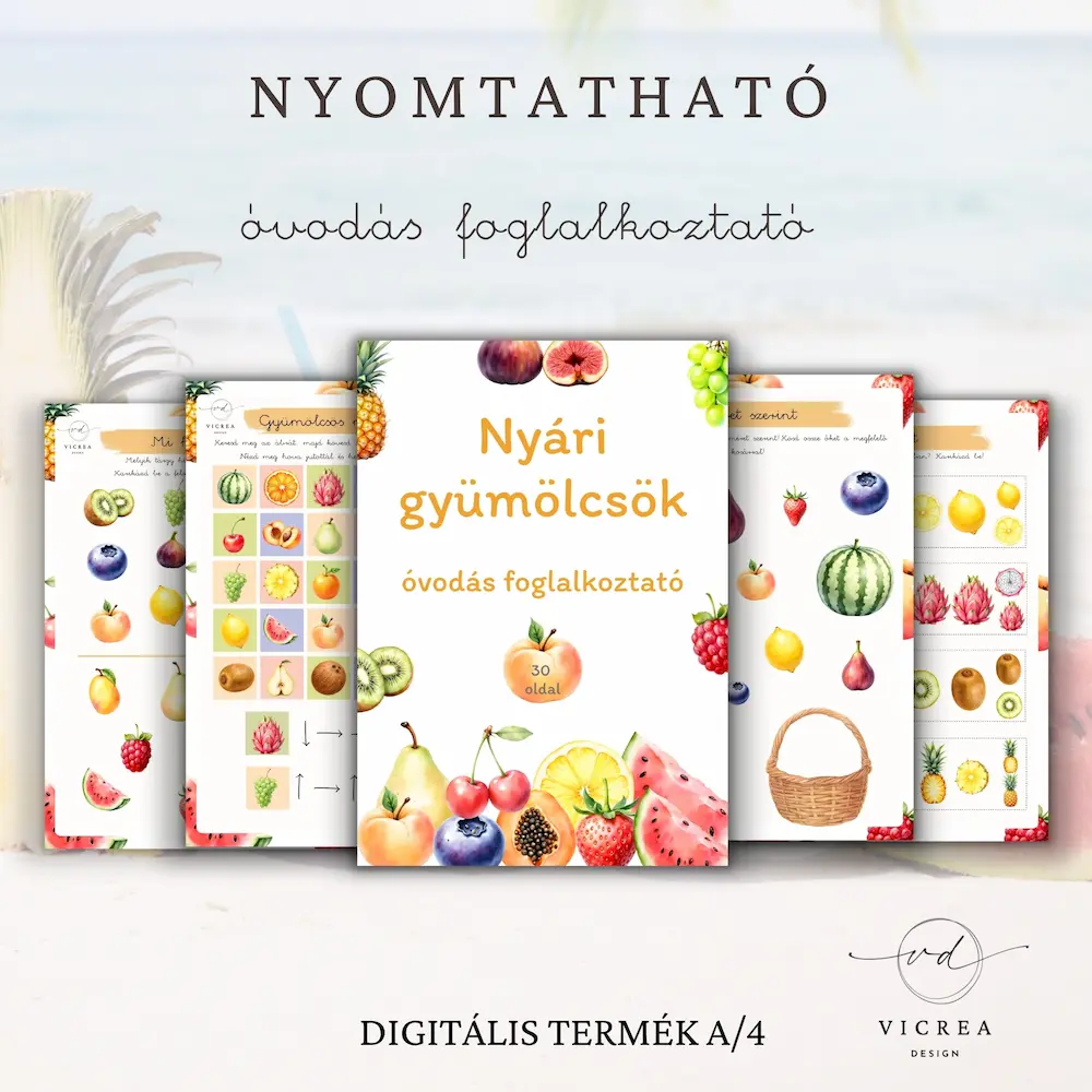 Vicrea Design Nyári gyümölcsök nyomtatható foglalkoztató óvodásoknak