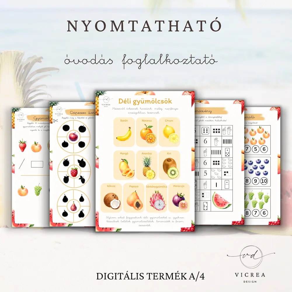 Vicrea Design Nyári gyümölcsök nyomtatható foglalkoztató óvodásoknak